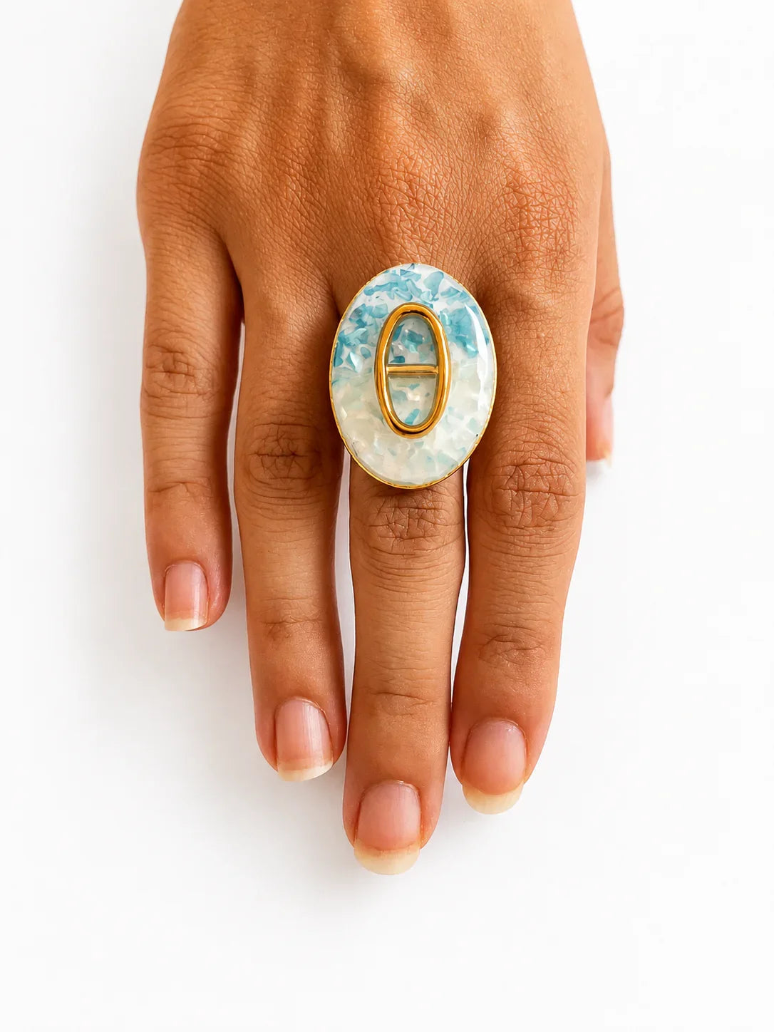 Bague Mosaïque plateau ovale marbré bleu et doré - Lys Paris