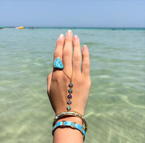 Set Aqua - bague Azur, jonc Sunset, bracelet Satin et chaîne de main en acier inoxydable - Lys Paris